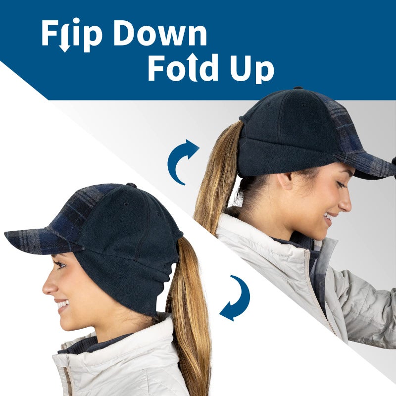 TrailHeads Women's Winter Ponytail Hat | Trucker Hat with Drop Down Ear Warmers - Blue Plaid - Image 5